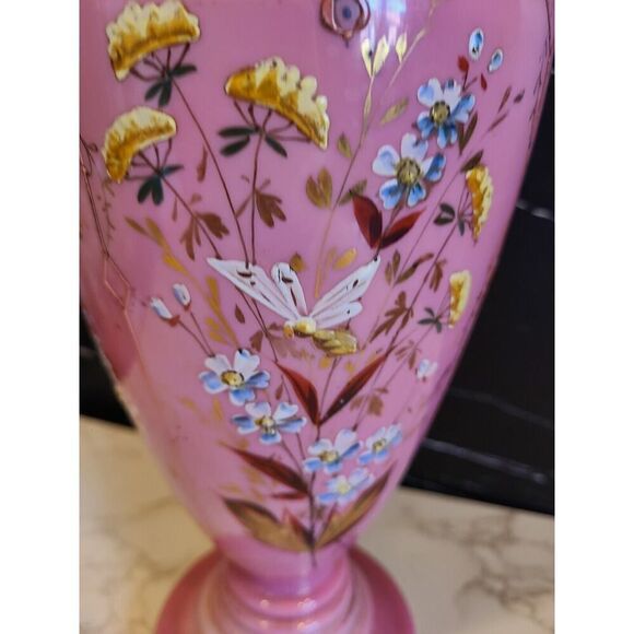 Lg Antique Harrach Bohemian Czech Pink Opaline Overlay Vase Flowers & Bees 14” - Picture 12 of 16
